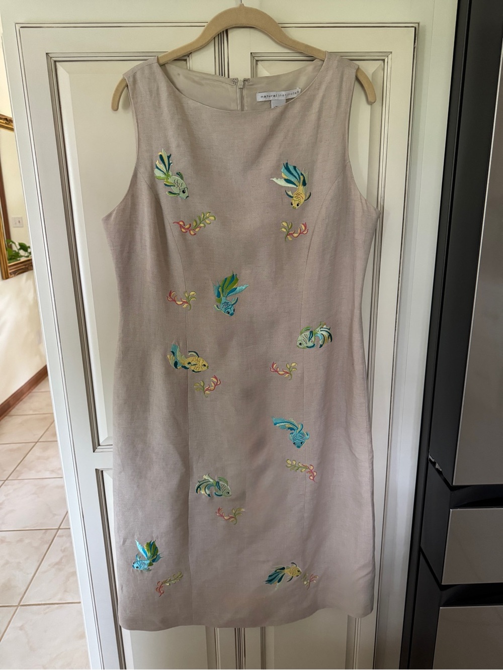 Sleeveless Embroidered Shift Dress in Light Beige by Catherine Malandrino